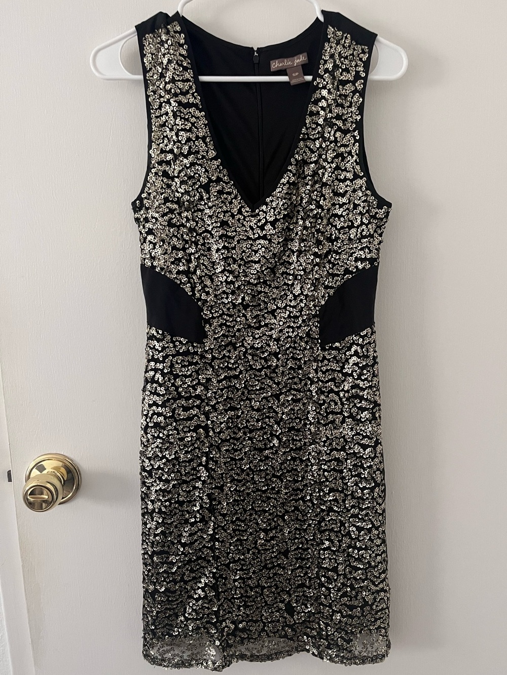 Charlie Jade Sequin Cocktail Dress Silk Mesh Panels Black Gold Size Small